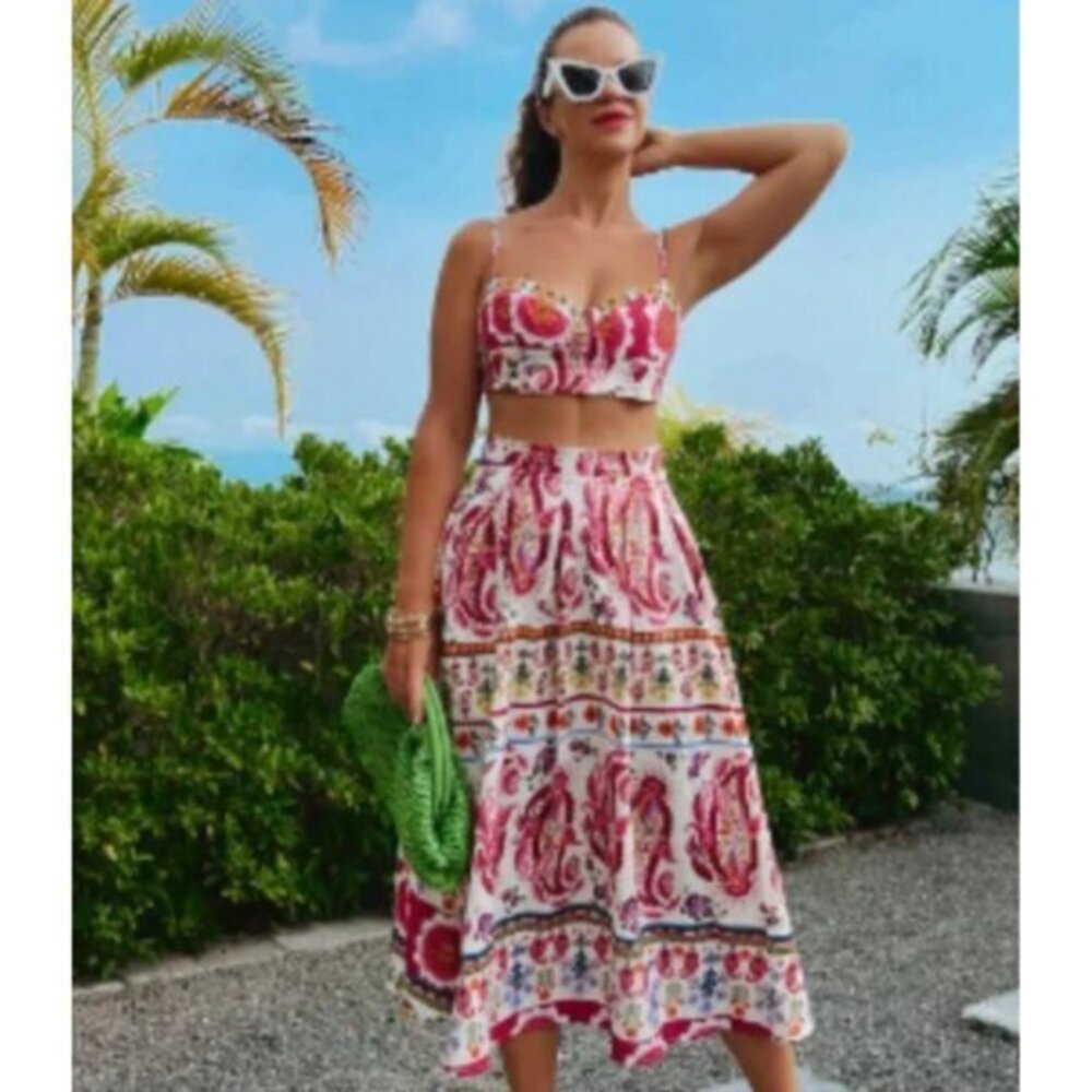Caroline Constas Floral Paisley Linen Blend Midi Skirt Vacation Resortwear Sz M‎ - Picture 2 of 10
